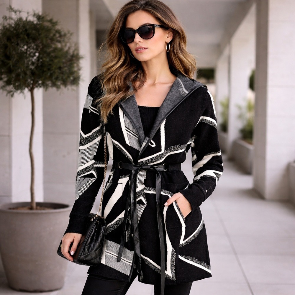 Elena Wang Sweater Coat Sz M Black White Abstract Knit Belted Cardigan Modern